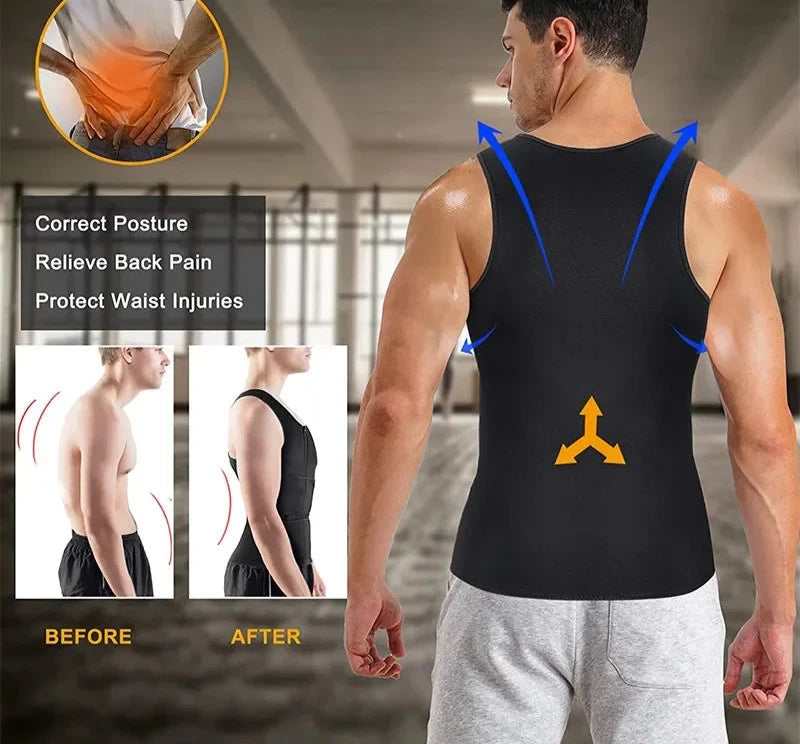 Men's sauna tank top with adjustable waist trimmer belt in black