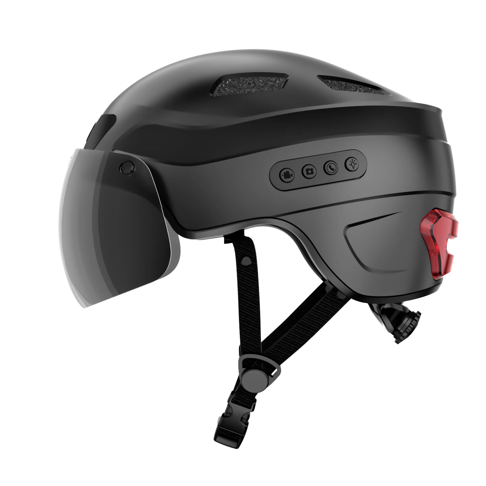 Cycling helmet with turn signal, safety lights, and magnetic glasses.