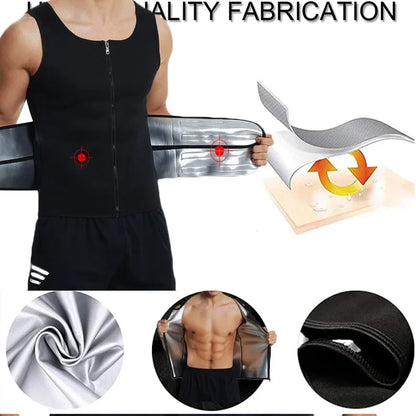 Men's sauna tank top with adjustable waist trimmer belt in black