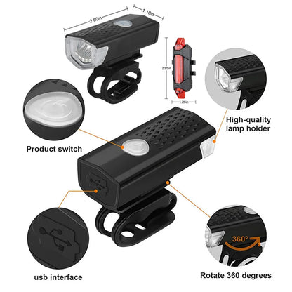 USB rechargeable bike light with LED front light and rear taillight