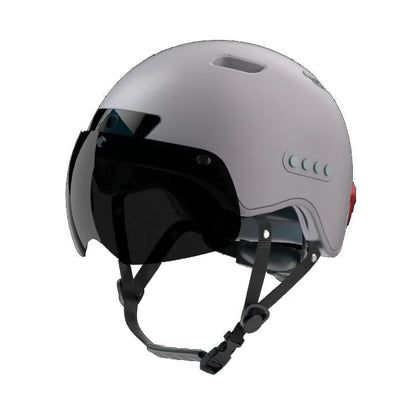 Cycling helmet with turn signal, safety lights, and magnetic glasses.