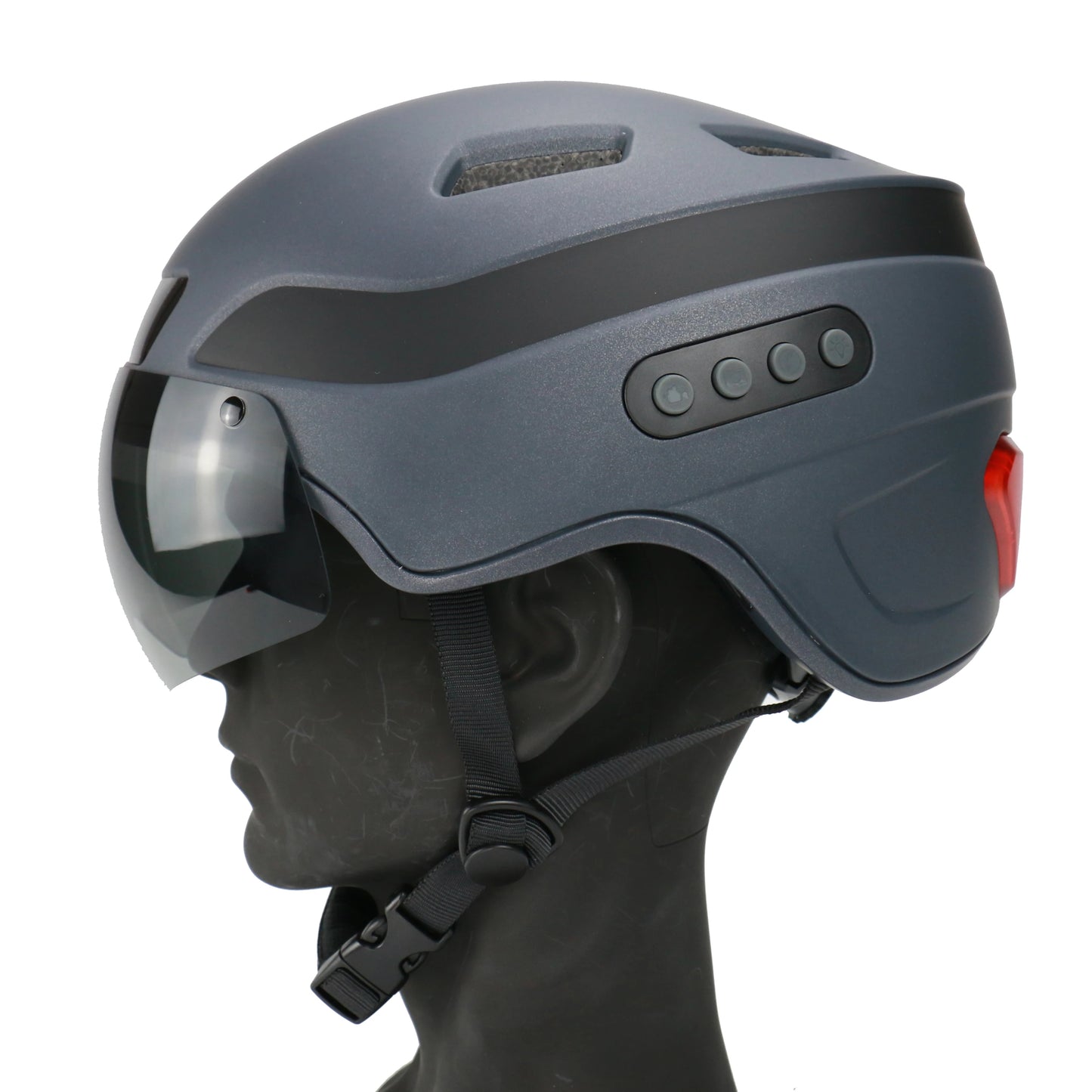 Cycling helmet with turn signal, safety lights, and magnetic glasses.