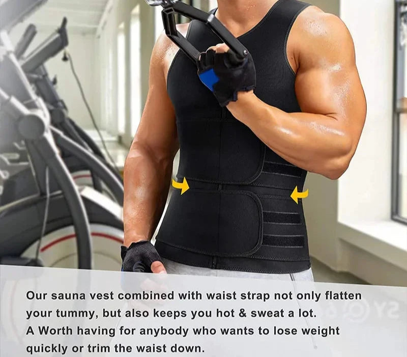 Men's sauna tank top with adjustable waist trimmer belt in black