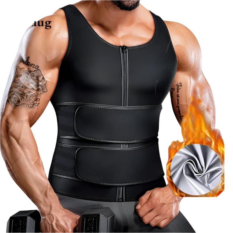 Men's sauna tank top with adjustable waist trimmer belt in black