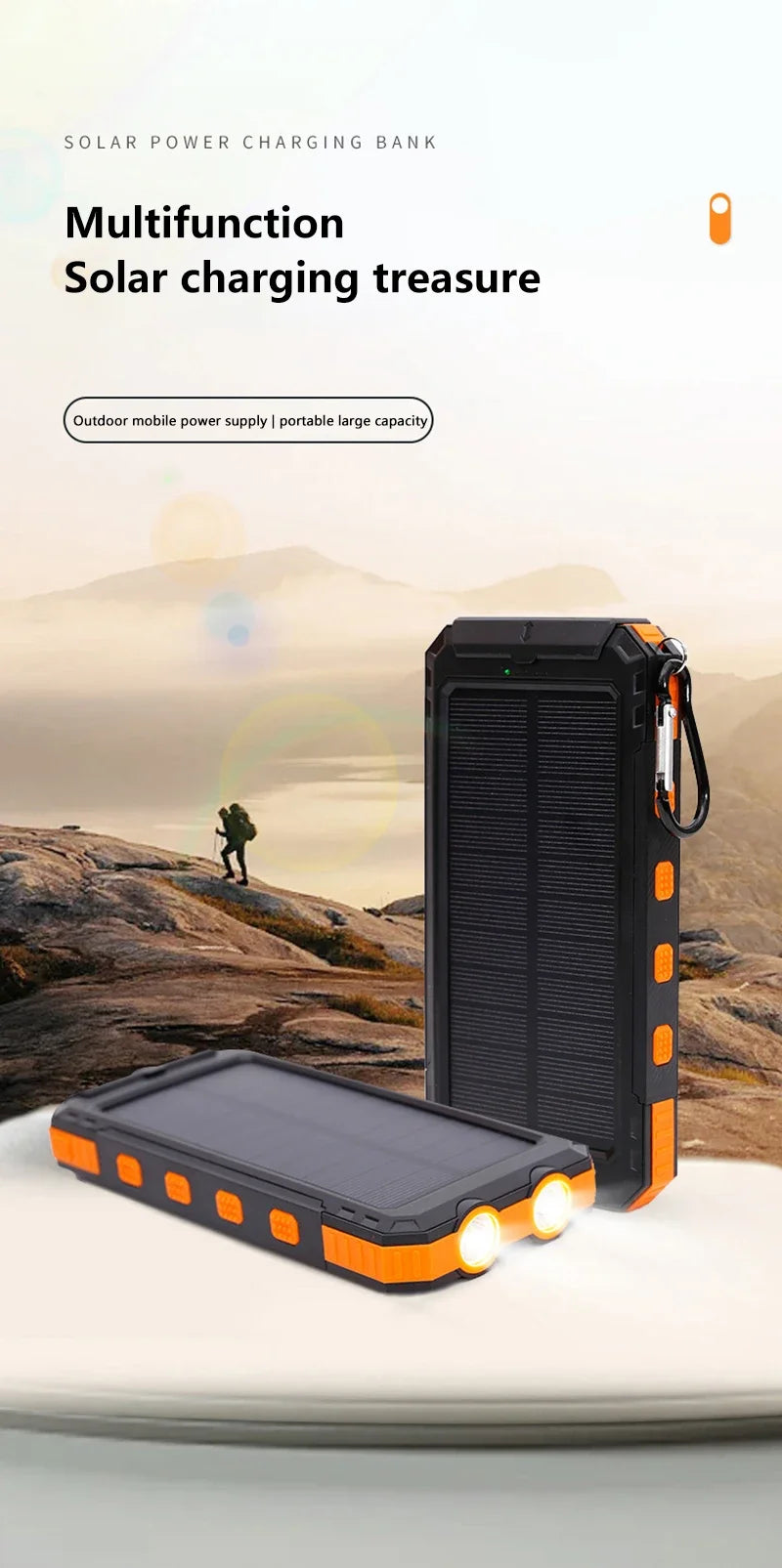 Solar-powered portable charger with built-in flashlight