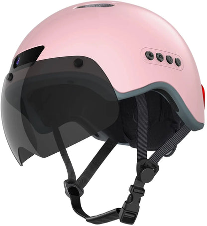 Cycling helmet with turn signal, safety lights, and magnetic glasses.