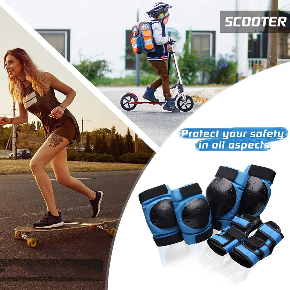 Set of six protective gear items for skateboarding