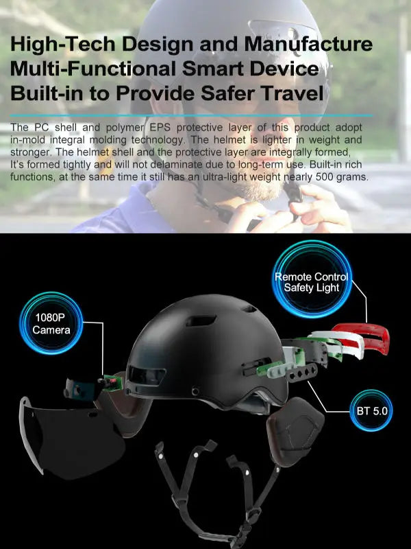 Cycling helmet with turn signal, safety lights, and magnetic glasses.