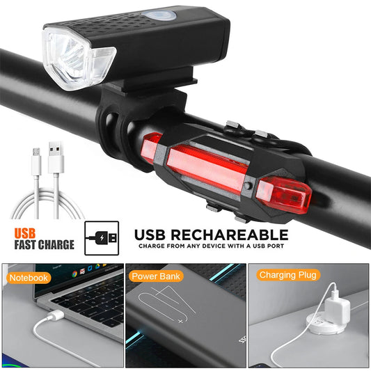 USB rechargeable bike light with LED front light and rear taillight