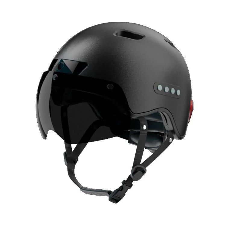 Cycling helmet with turn signal, safety lights, and magnetic glasses.