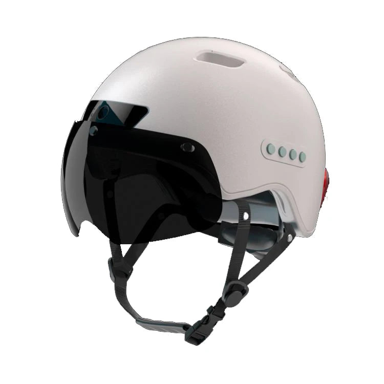 Cycling helmet with turn signal, safety lights, and magnetic glasses.