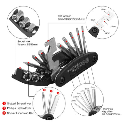 Compact and portable bicycle repair tool kit.